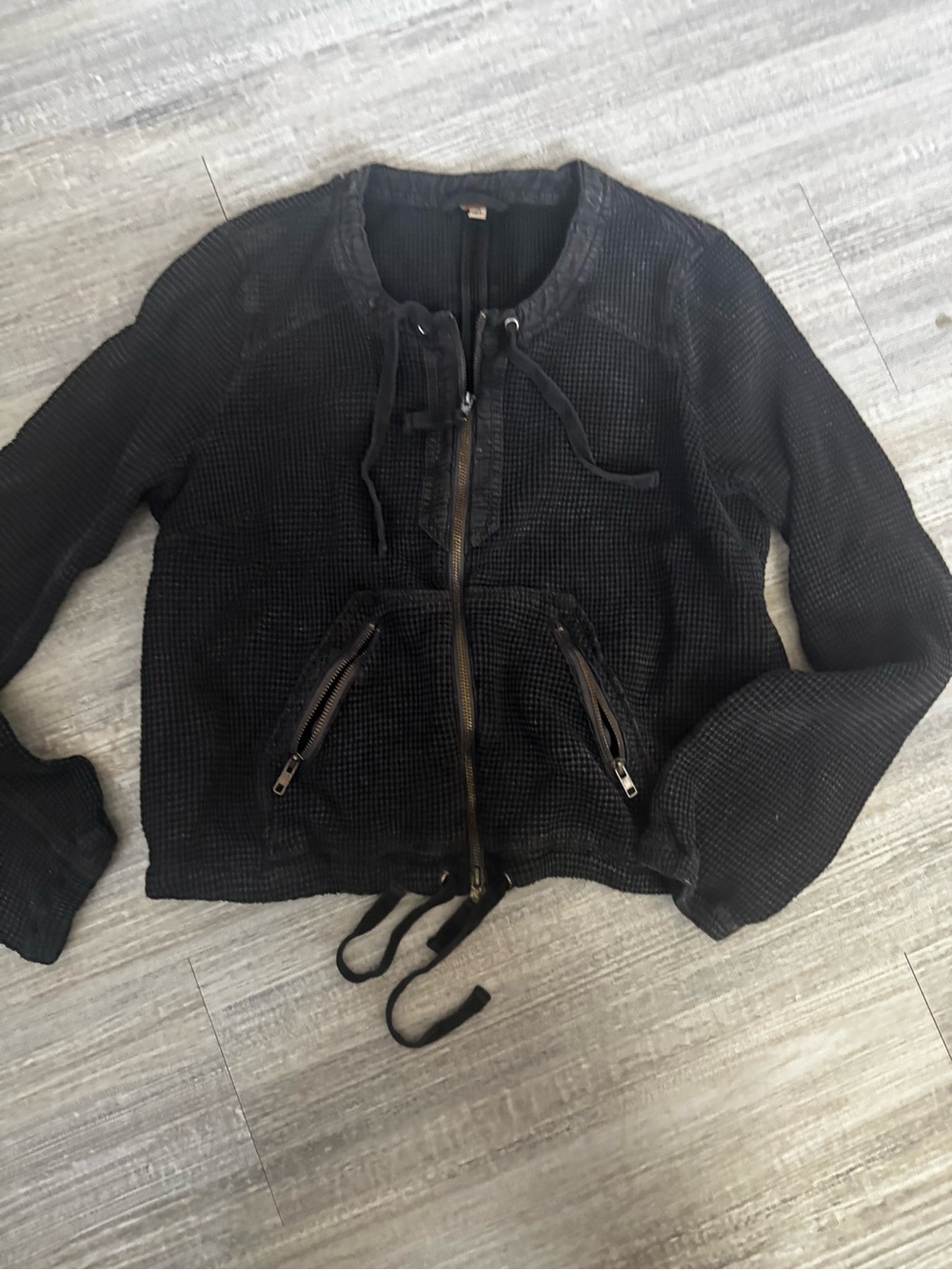Free People Black Waffle-Knit Zip Bomber Jacket